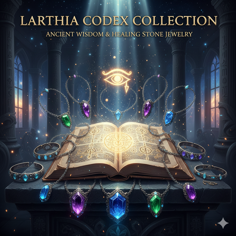 Connect with ancient energies. Shop unique natural stone pieces from the Larthia Codex Collection, crafted for wisdom, intuition, and strength.