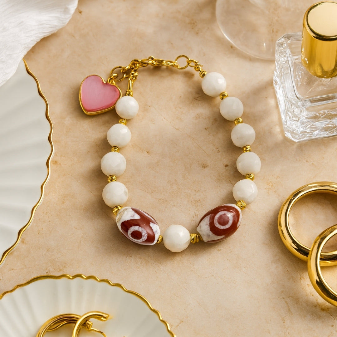 Moonstone & Indian Agate with Pink Heart Charm -White Heart Evil Eye Bracelet