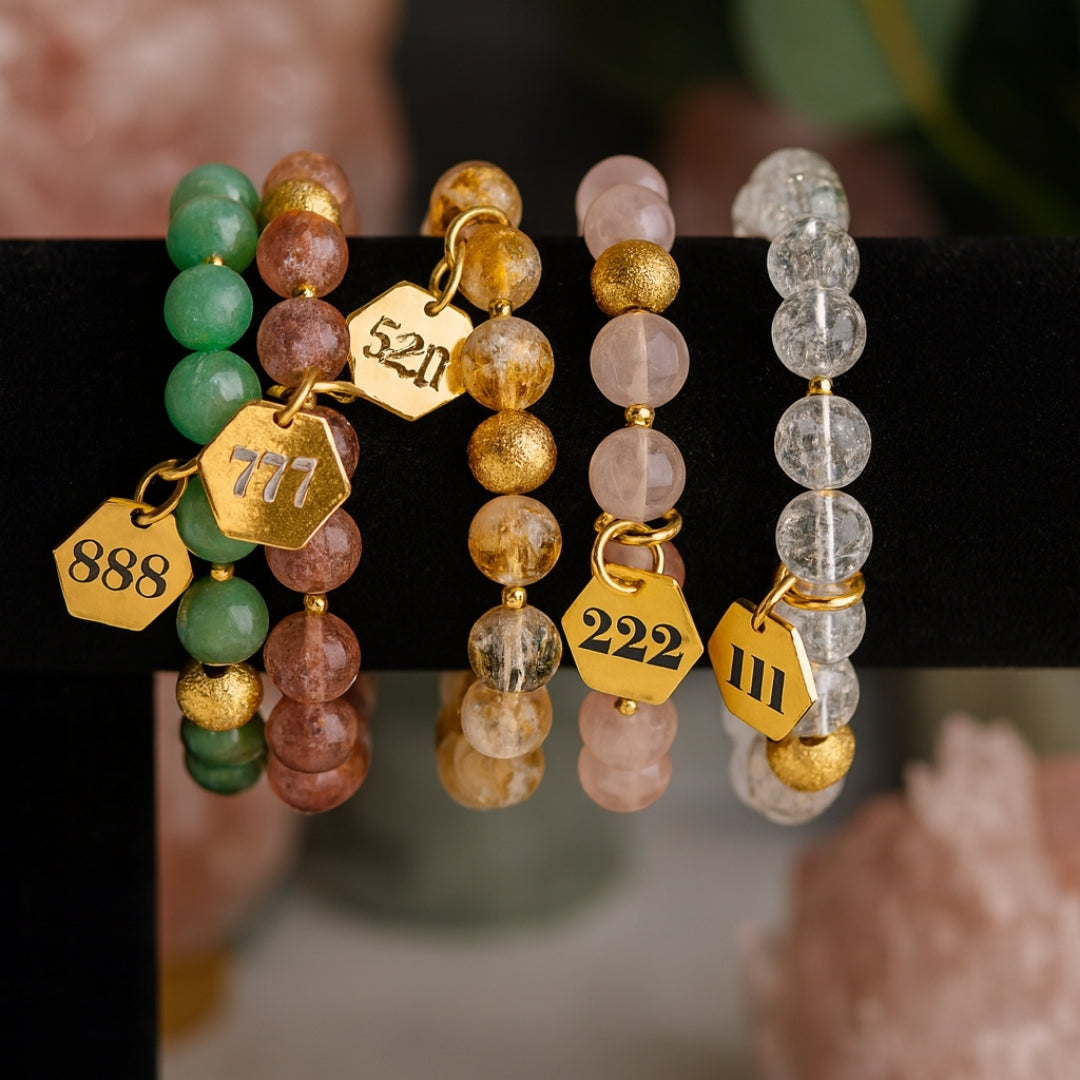 Miracle Codes Collection Set 5 Energy Coded Bracelets | Angel Number 111 • 222 • 777 • 888 • 520 | 18K Gold-Plated