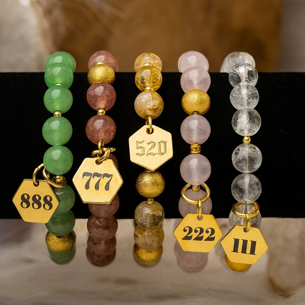 Miracle Codes Collection Set 5 Energy Coded Bracelets | Angel Number 111 • 222 • 777 • 888 • 520 | 18K Gold-Plated