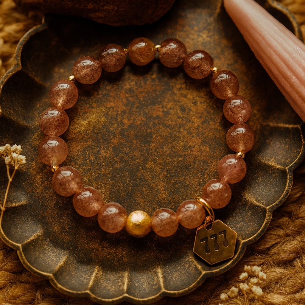 Natural Strawberry Quartz 777 Bracelet 8mm | 18K Gold-Plated Details |