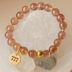 Natural Strawberry Quartz 777 Bracelet 8mm | 18K Gold-Plated Details |