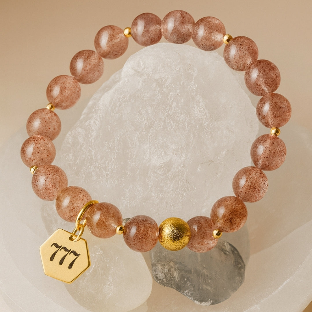 Natural Strawberry Quartz 777 Bracelet 8mm | 18K Gold-Plated Details |