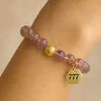 Natural Strawberry Quartz 777 Bracelet 8mm | 18K Gold-Plated Details |