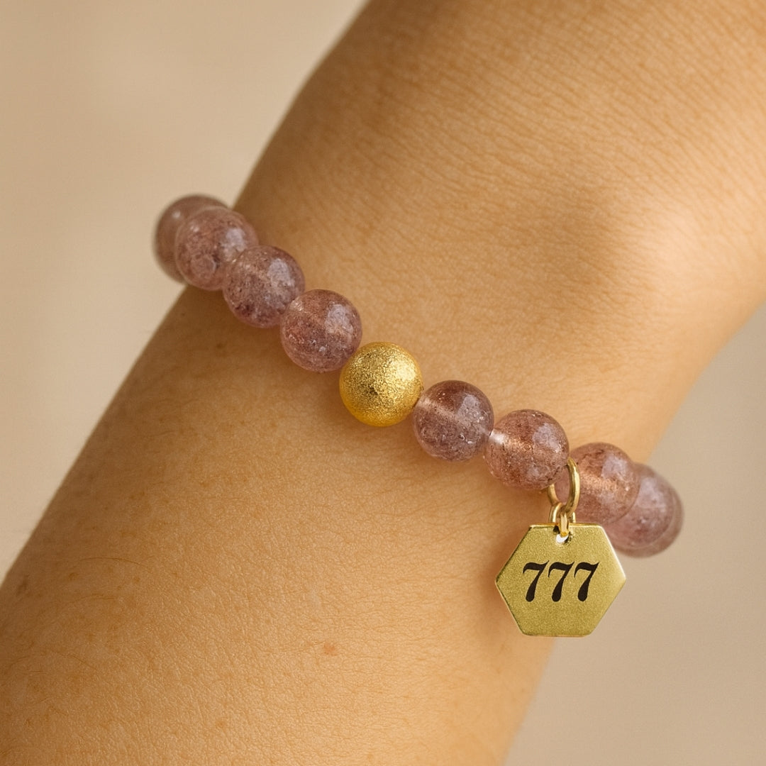 Natural Strawberry Quartz 777 Bracelet 8mm | 18K Gold-Plated Details |