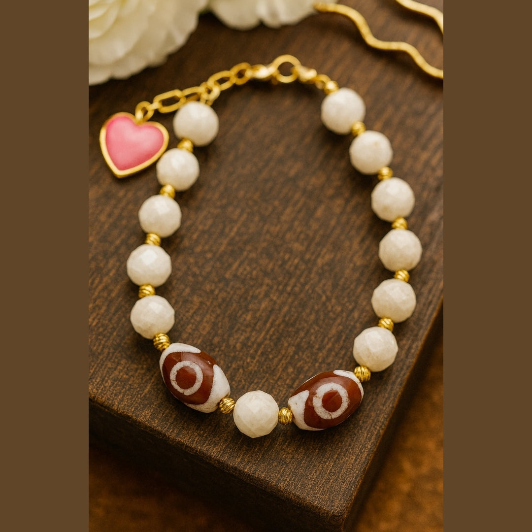 Moonstone & Indian Agate with Pink Heart Charm -White Heart Evil Eye Bracelet