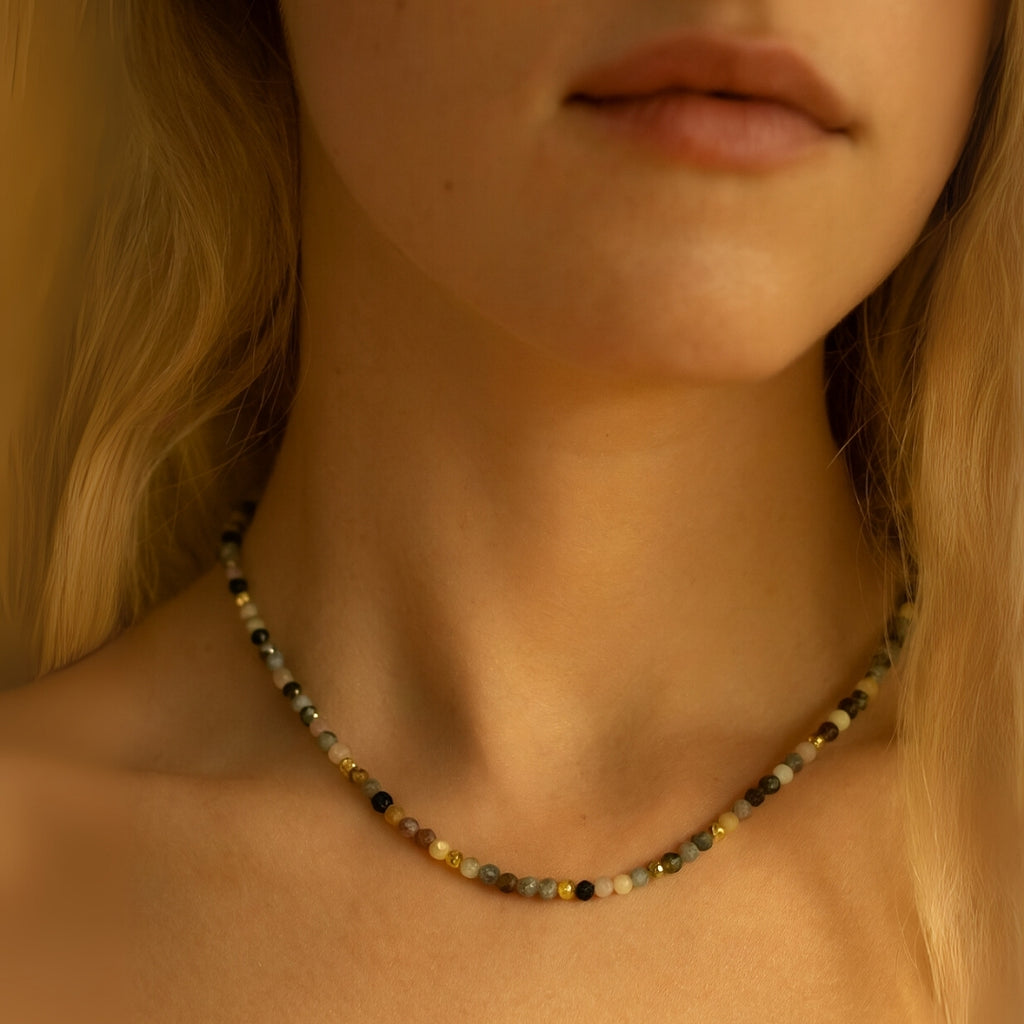 Turmaline Choker Necklace |Rainbow Tourmaline Beads with Charm on Chain