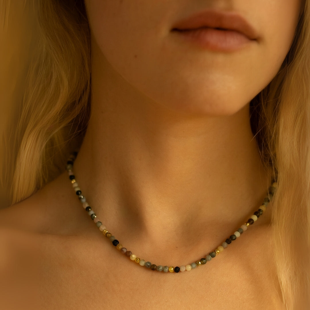 Turmaline Choker Necklace |Rainbow Tourmaline Beads with Charm on Chain