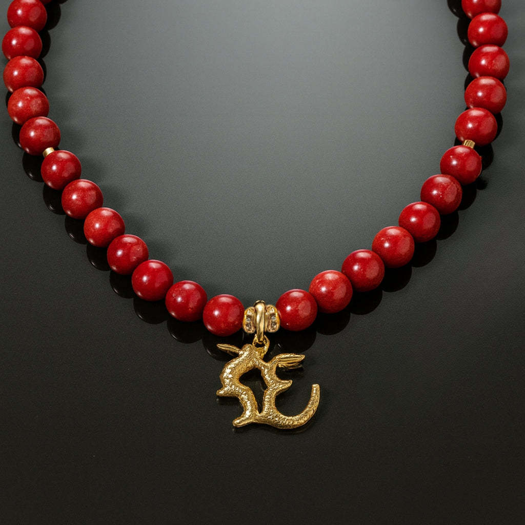 Red Coral Necklace 7 mm | Gold-Plated OM Pendant
