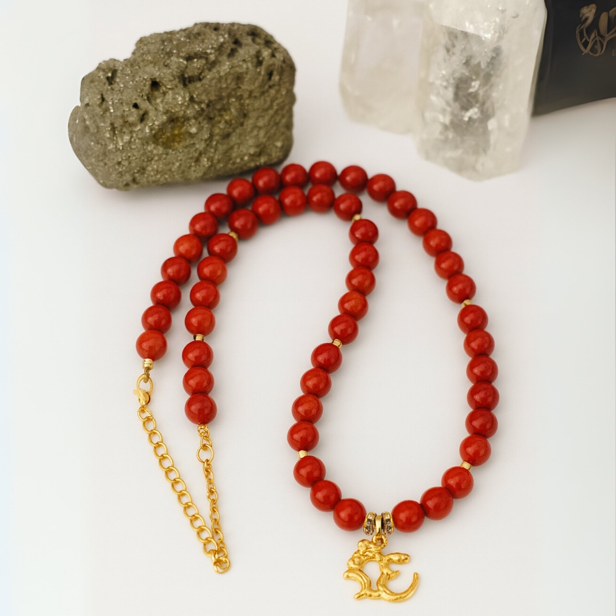 Red Coral Necklace 7 mm | Gold-Plated OM Pendant