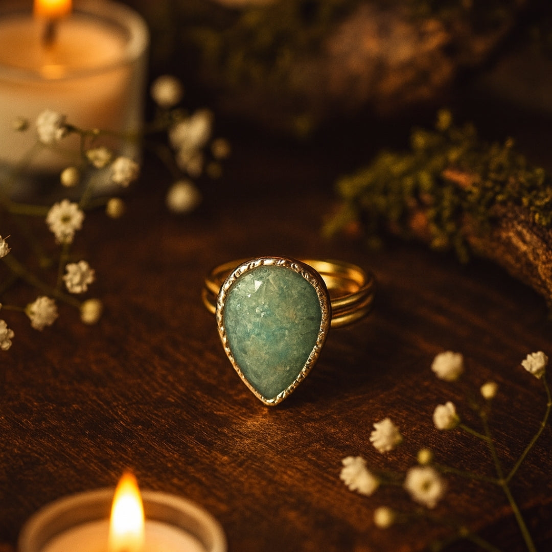 Amazonite Teardrop Adjustable Ring | Natural Green Gemstone 18K Gold Plated Ring | Healing Crystal Boho Jewelry Gift for Her
