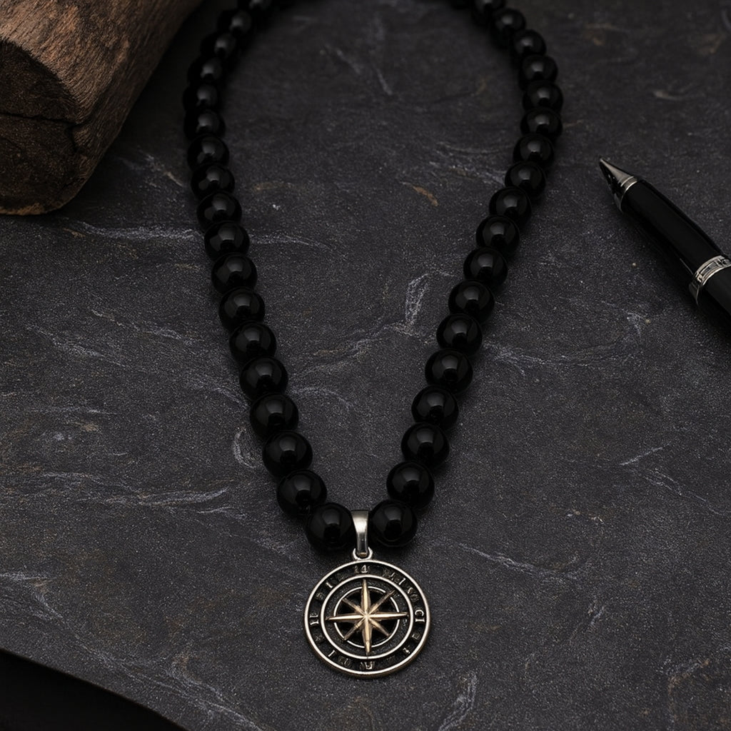 Onyx Necklace 925 Silver with Compass Pendant | Handmade Spiritual Jewelry Gift