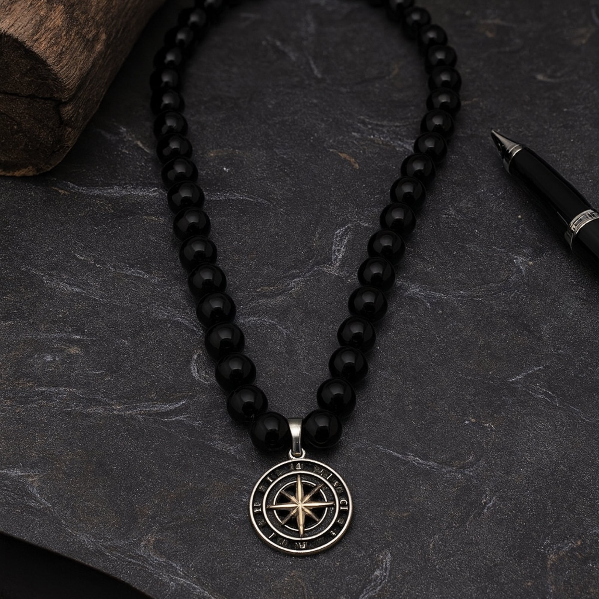 Onyx Necklace 925 Silver with Compass Pendant | Handmade Spiritual Jewelry Gift