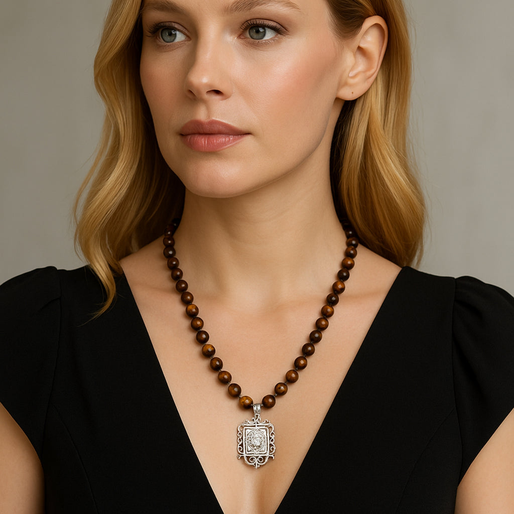 Tiger Eye Necklace 925 Silver | 8mm Premium Hand-Knotted Beads 925 Silver |Tiger Head Pendant
