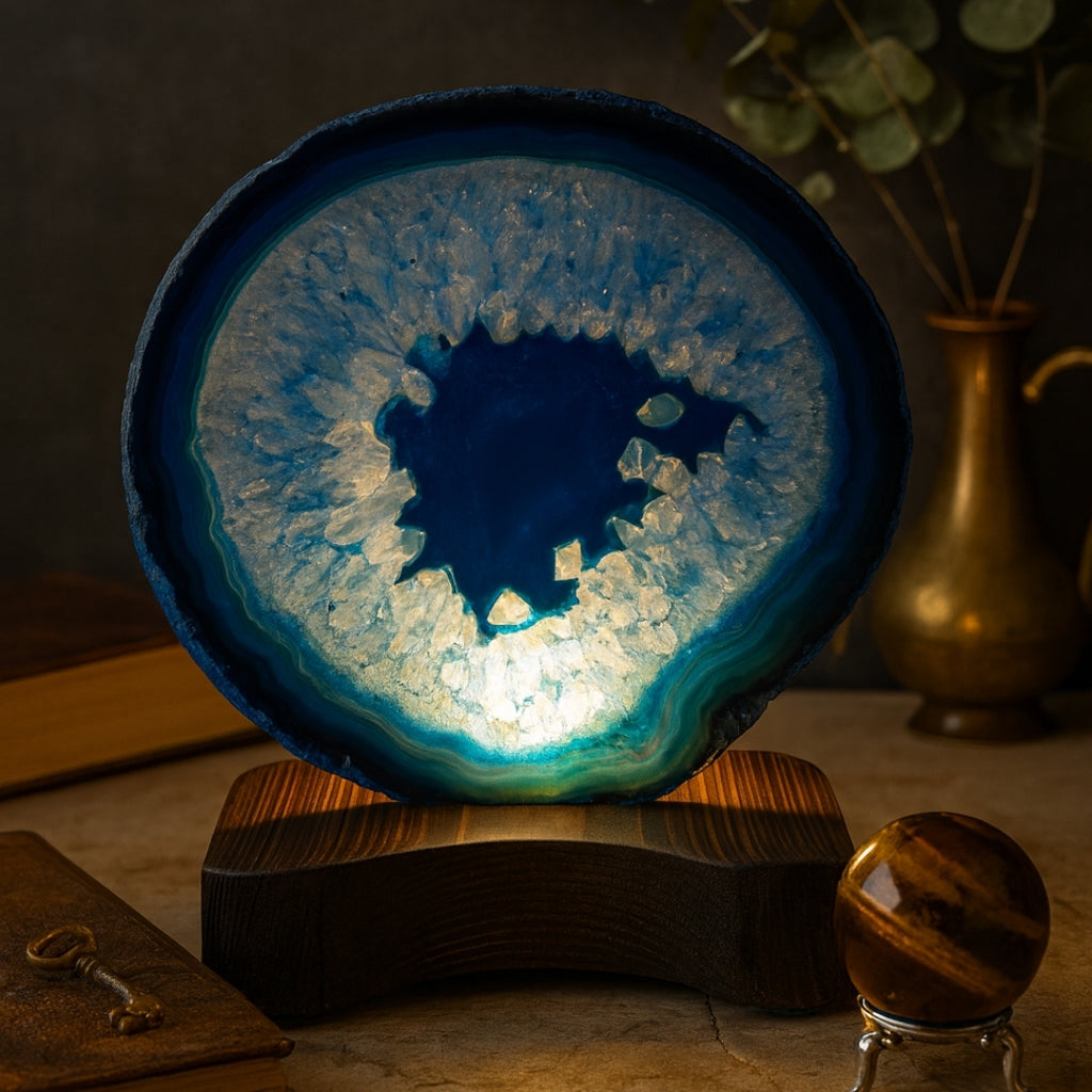 Blue Agate Slice with Wooden Stand & Candle