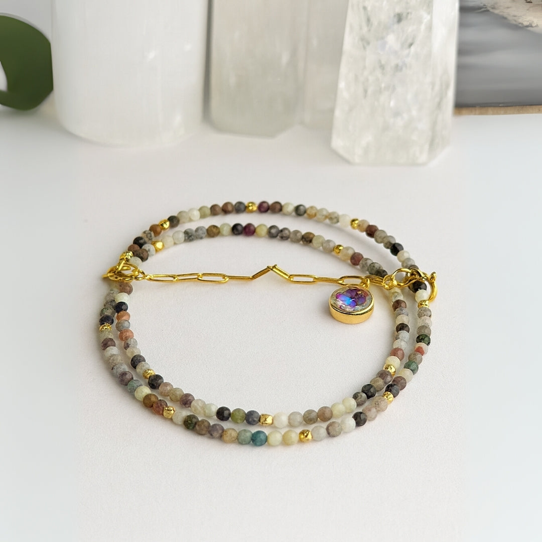 Turmaline Choker Necklace |Rainbow Tourmaline Beads with Charm on Chain