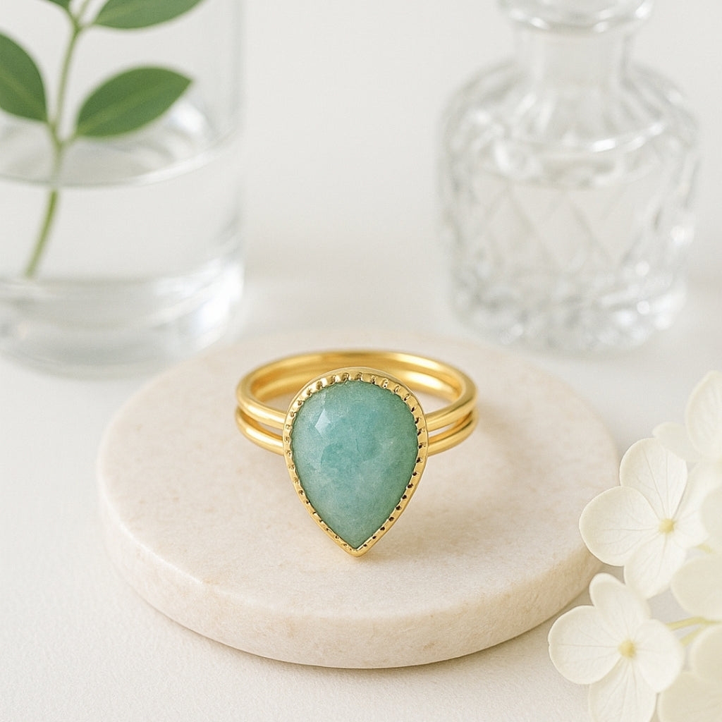 Amazonite Teardrop Adjustable Ring | Natural Green Gemstone 18K Gold Plated Ring | Healing Crystal Boho Jewelry Gift for Her