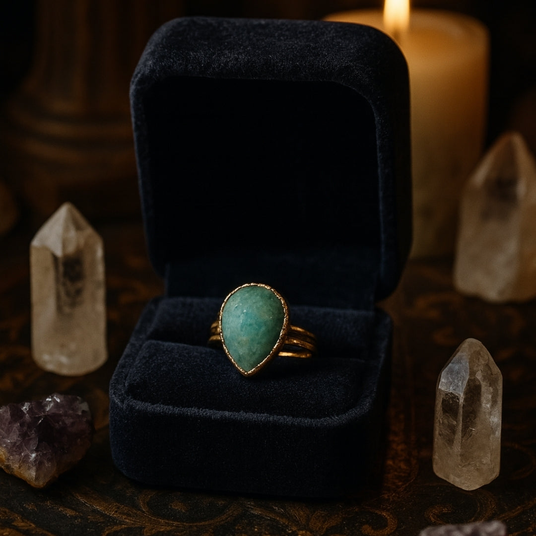 Amazonite Teardrop Adjustable Ring | Natural Green Gemstone 18K Gold Plated Ring | Healing Crystal Boho Jewelry Gift for Her