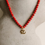 Red Coral Necklace 7mm 18K Gold Plated OM Pendant