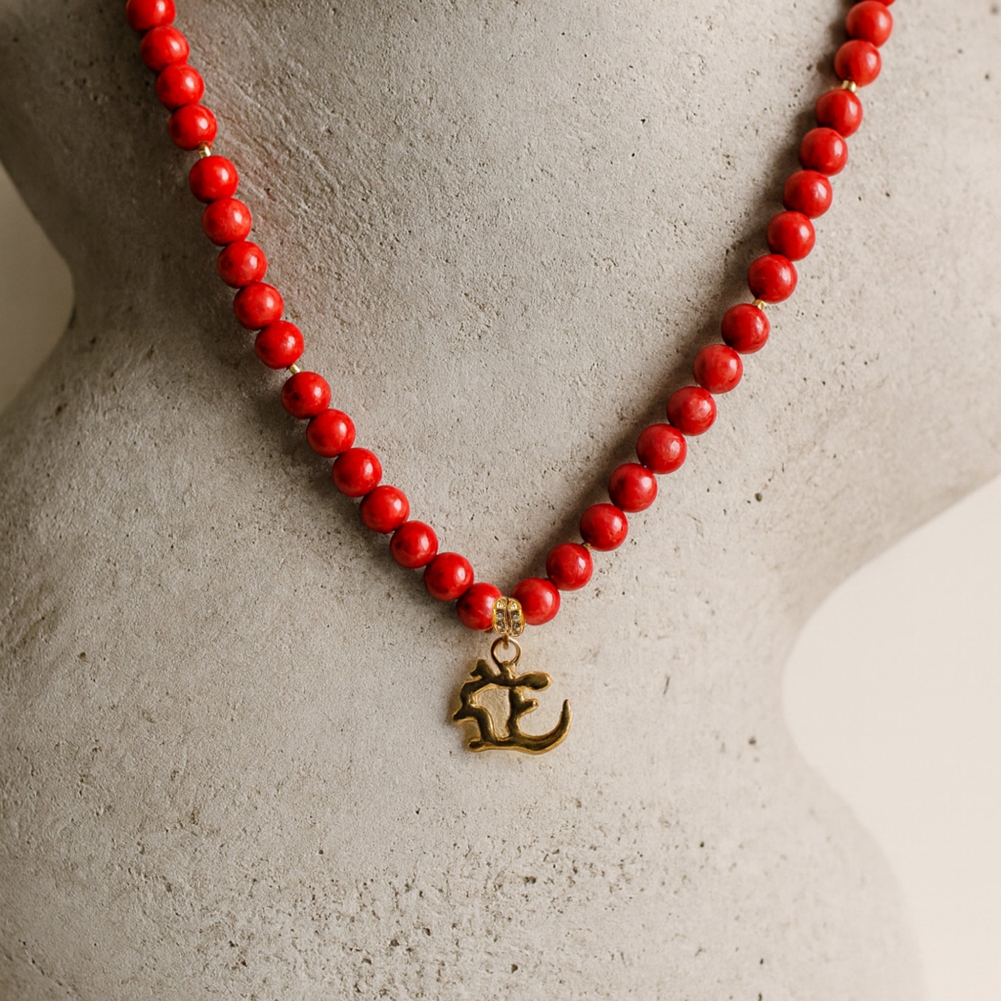 Red Coral Necklace 7 mm | Gold-Plated OM Pendant