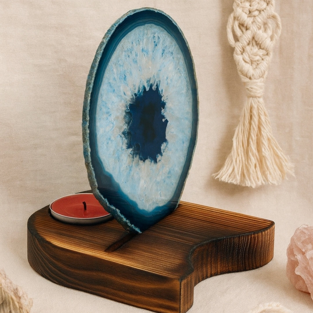 Blue Agate Slice with Wooden Stand & Candle