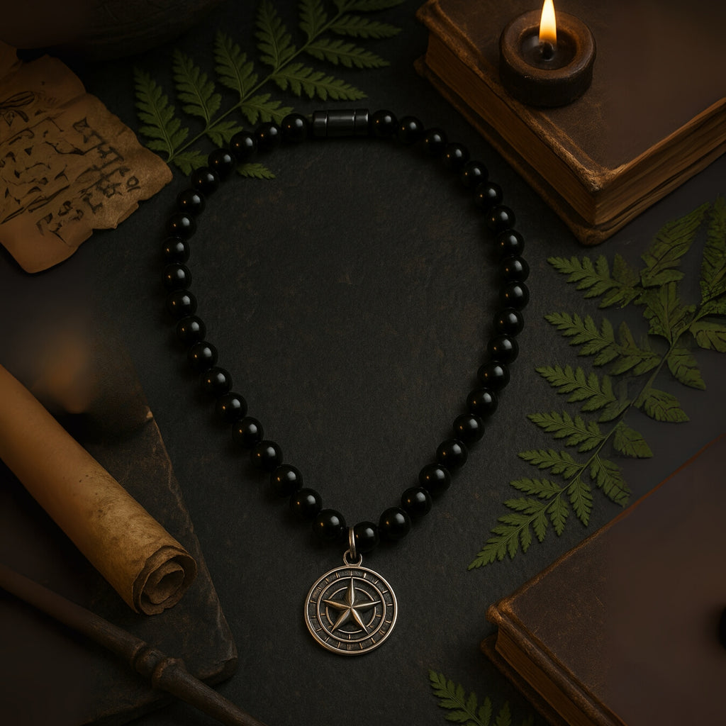 Onyx Necklace 925 Silver with Compass Pendant | Handmade Spiritual Jewelry Gift