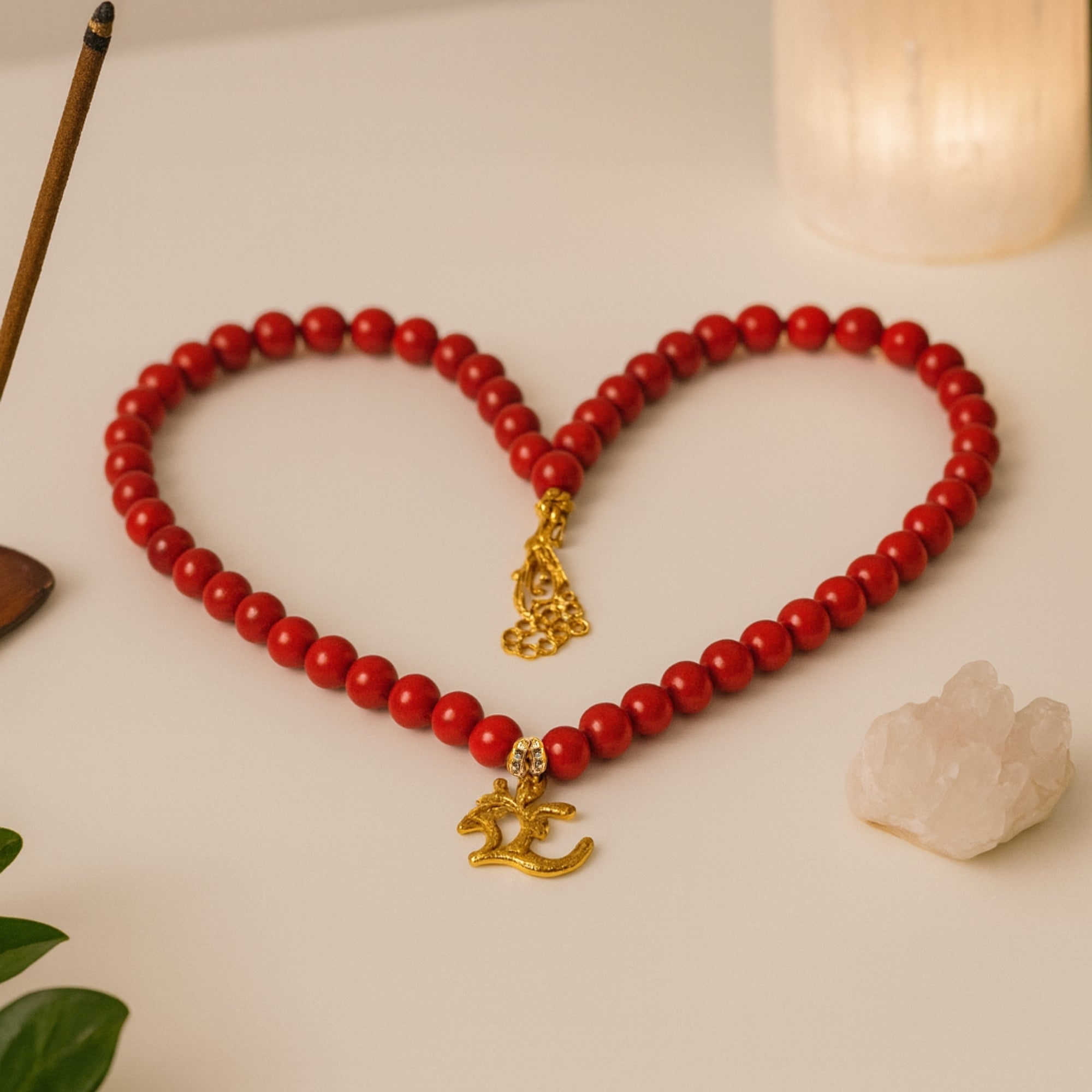Red Coral Necklace 7 mm | Gold-Plated OM Pendant