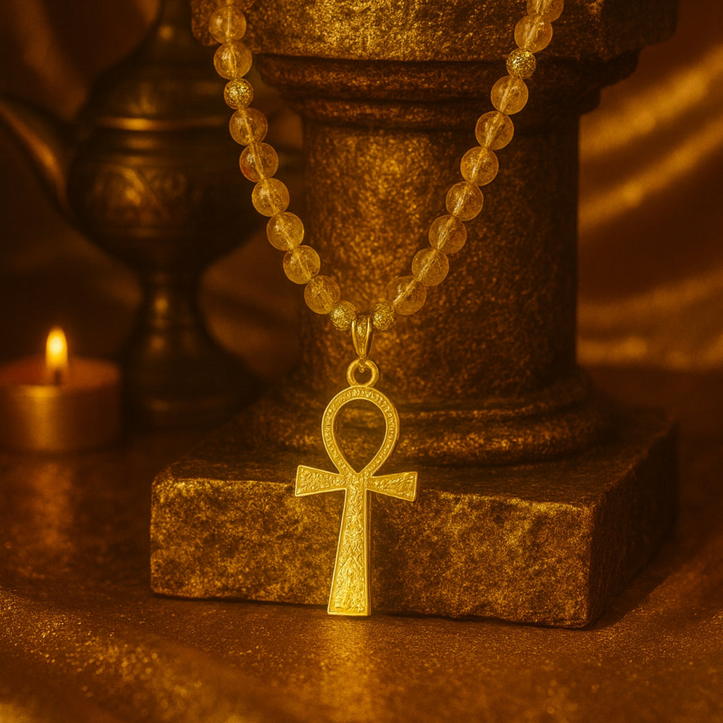 Citrine Ankh Necklace | 6mm Faceted Citrine | Gold-Plated Ankh Pendant | Abundance • Vitality • Protection | Luxury Handmade Gift