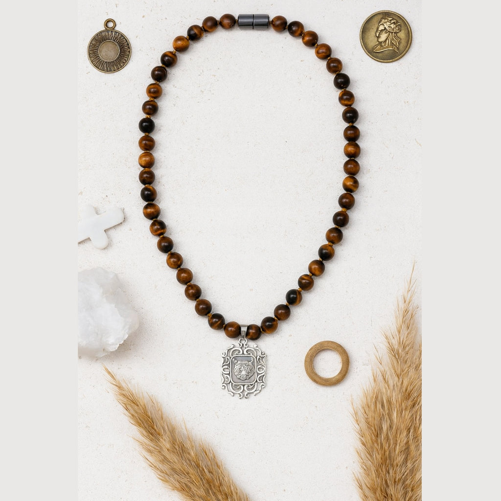 Tiger Eye Necklace 925 Silver | 8mm Premium Hand-Knotted Beads 925 Silver |Tiger Head Pendant