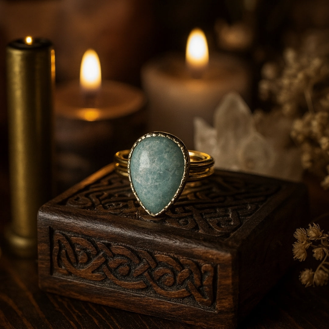 Amazonite Teardrop Adjustable Ring | Natural Green Gemstone 18K Gold Plated Ring | Healing Crystal Boho Jewelry Gift for Her