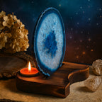 Blue Agate Slice with Wooden Stand & Candle