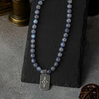 Labradorite Necklace 925 Silver Fleur-de-Lis Pendant | 8mm Hand-Knotted Beads