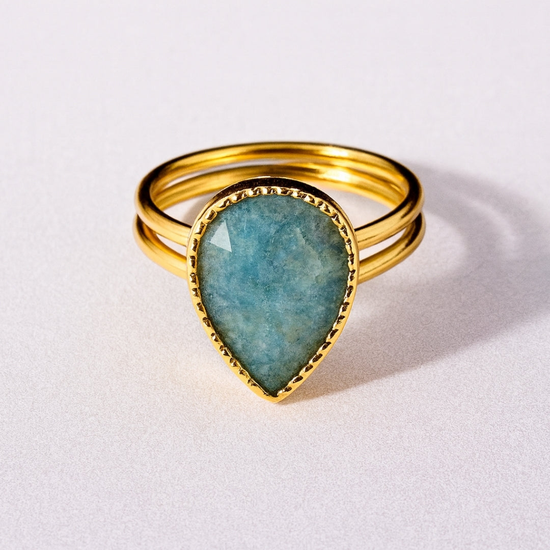 Amazonite Teardrop Adjustable Ring | Natural Green Gemstone 18K Gold Plated Ring | Healing Crystal Boho Jewelry Gift for Her