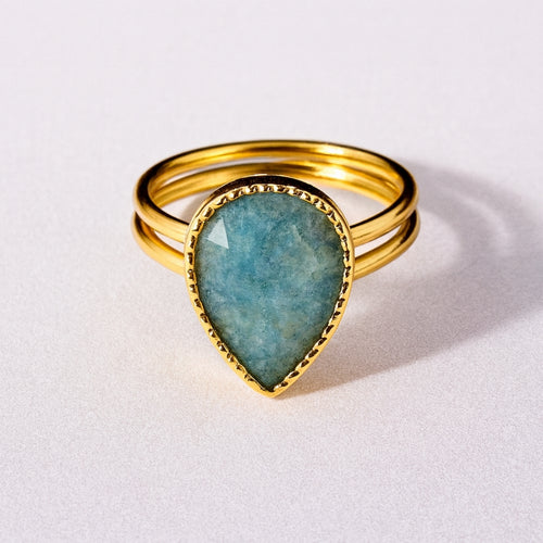 Amazonite Teardrop Adjustable Ring | Natural Green Gemstone 18K Gold Plated Ring | Healing Crystal Boho Jewelry Gift for Her