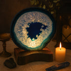 Blue Agate Slice with Wooden Stand & Candle