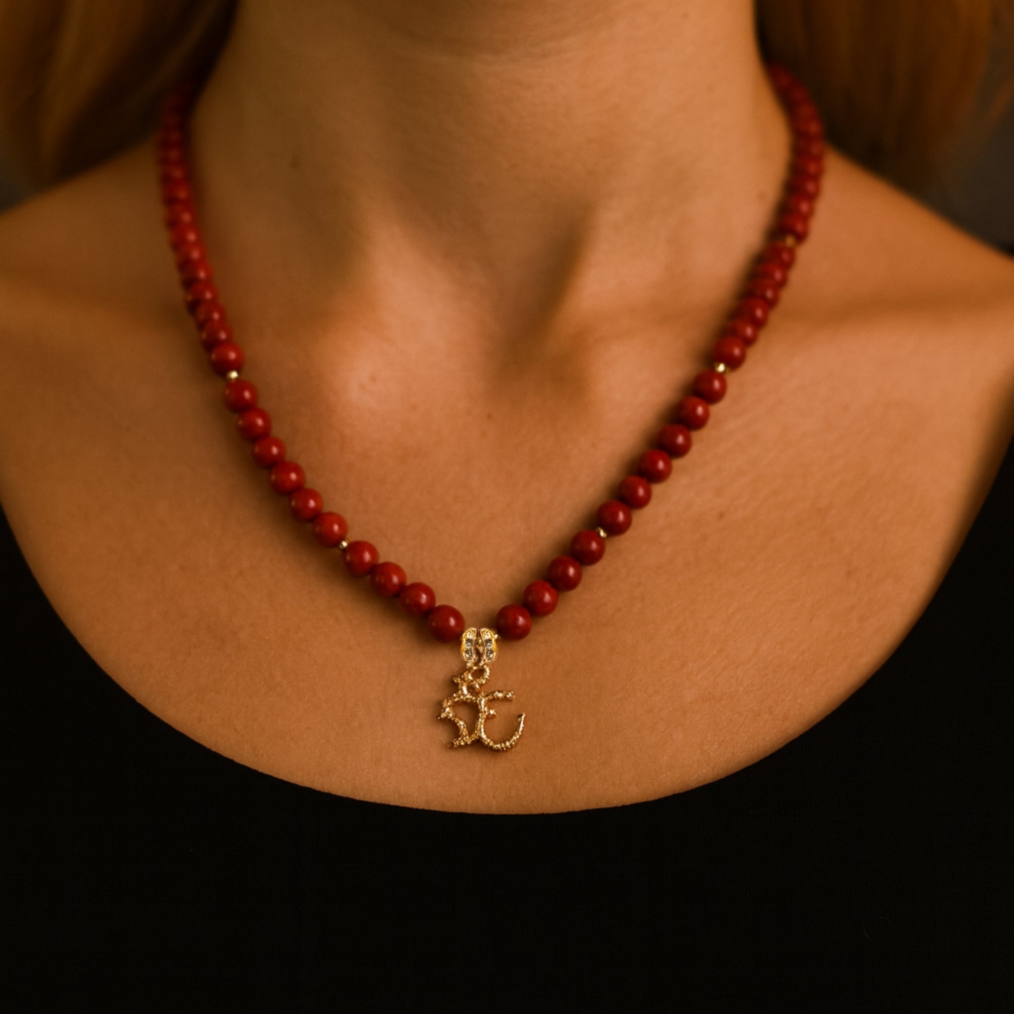 Red Coral Necklace 7 mm | Gold-Plated OM Pendant