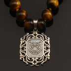 Tiger Eye Necklace 925 Silver | 8mm Premium Hand-Knotted Beads 925 Silver |Tiger Head Pendant