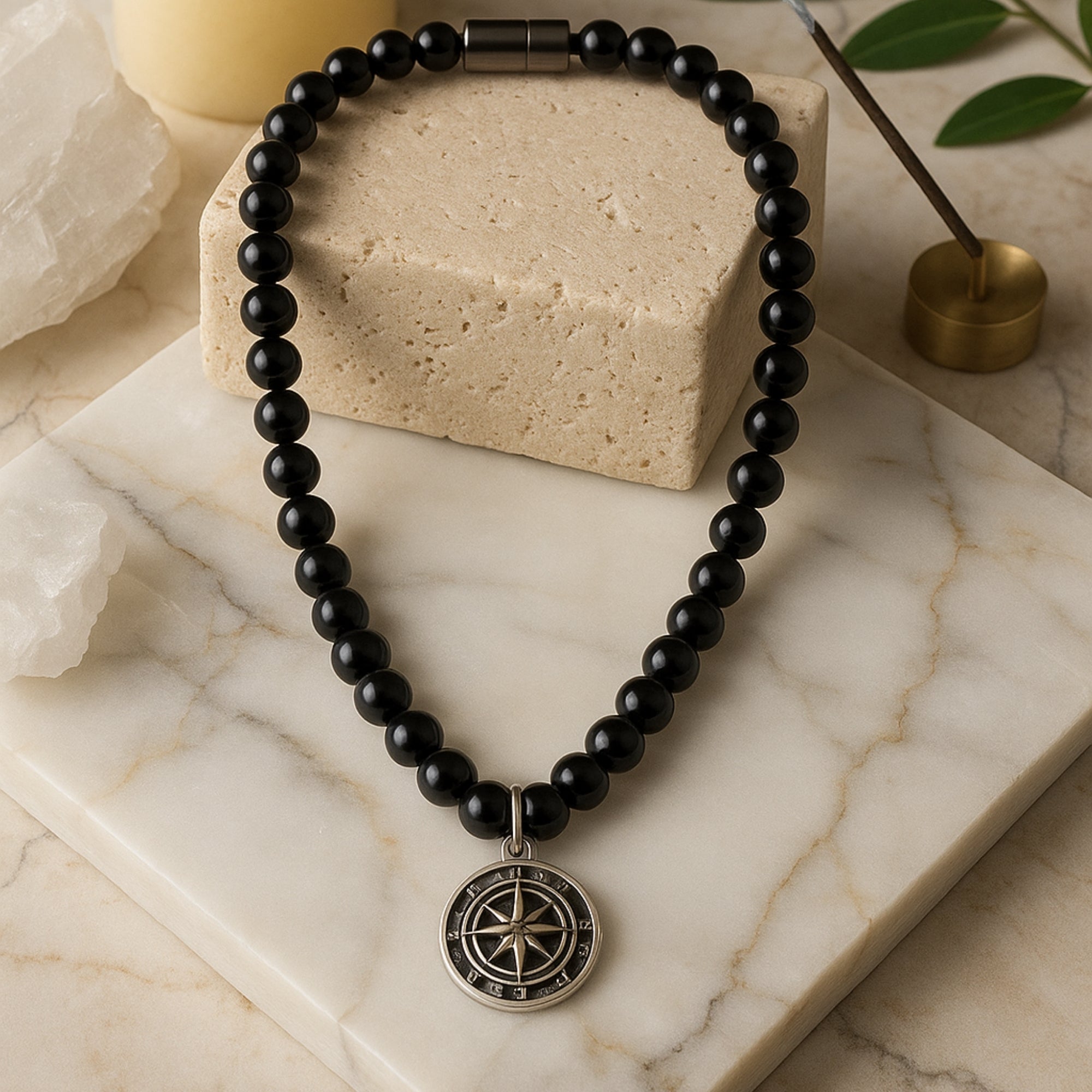 Onyx Necklace 925 Silver with Compass Pendant | Handmade Spiritual Jewelry Gift