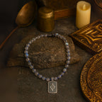 Labradorite Necklace 925 Silver Fleur-de-Lis Pendant | 8mm Hand-Knotted Beads