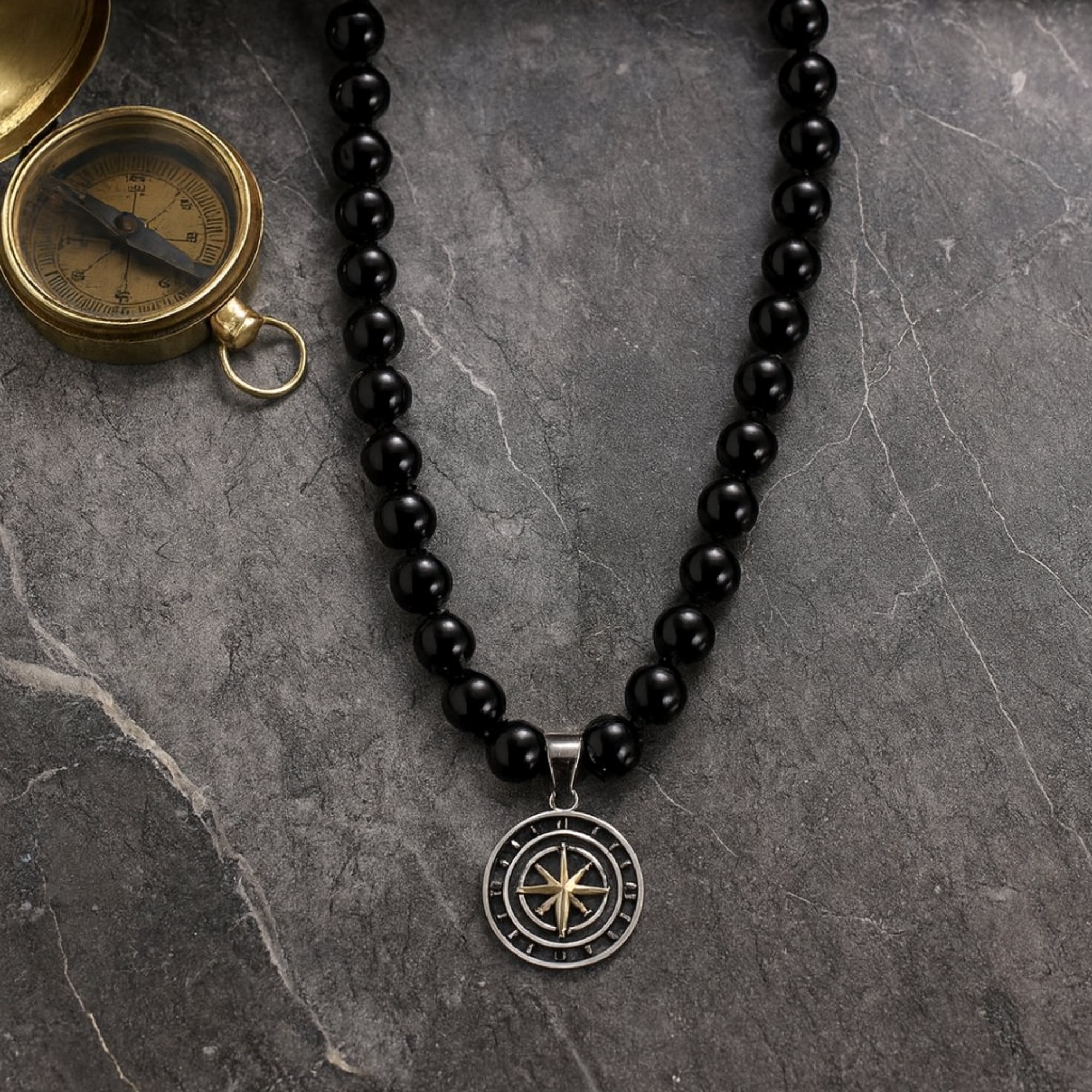 Onyx Necklace 925 Silver with Compass Pendant | Handmade Spiritual Jewelry Gift