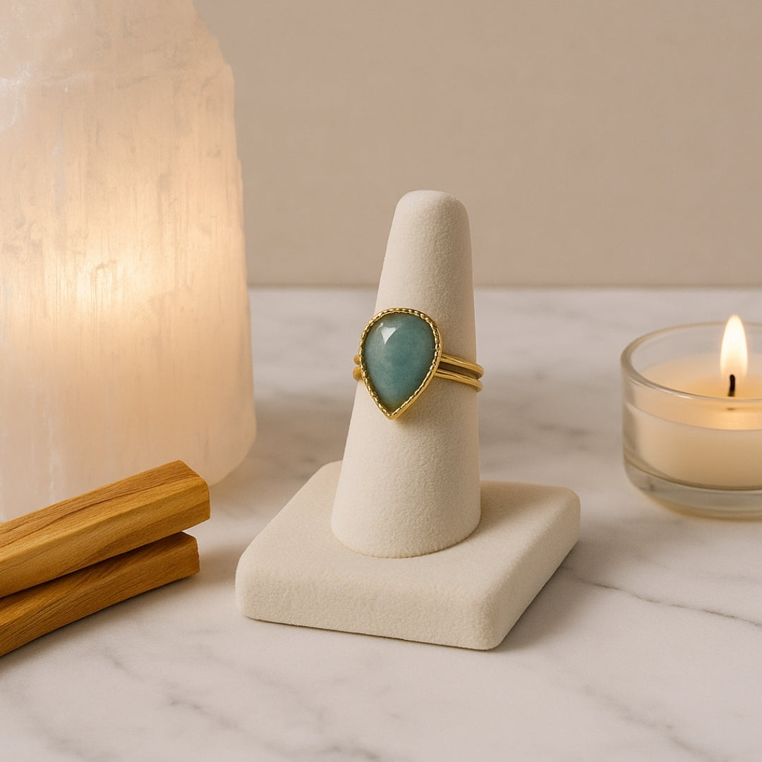 Amazonite Teardrop Adjustable Ring | Natural Green Gemstone 18K Gold Plated Ring | Healing Crystal Boho Jewelry Gift for Her