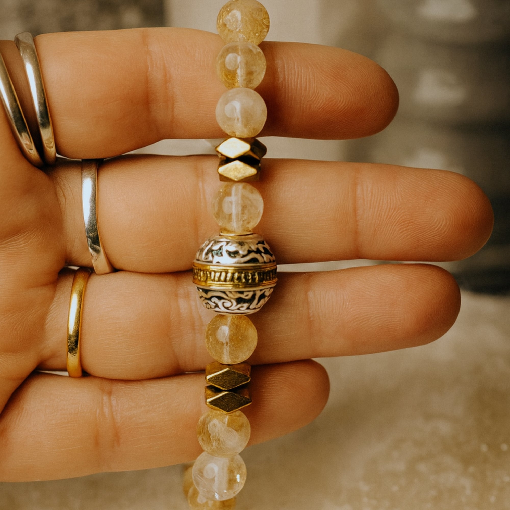 Citrine Hematite Healing Bracelet 8mm|Gemstone Beads with Tibetan Knot Talisman