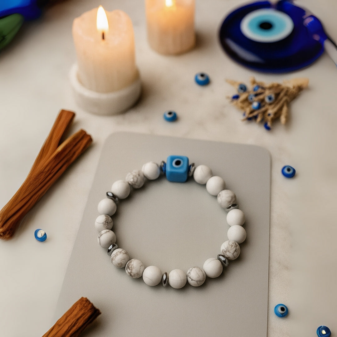 Howlite Evil Eye Bracelet 8mm with Hematite | Stellar Nazar Codex