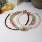 Strawberry Quartz + Rose Quartz + Garnet Bracelet Set  Handmade Gemstone Jewelry