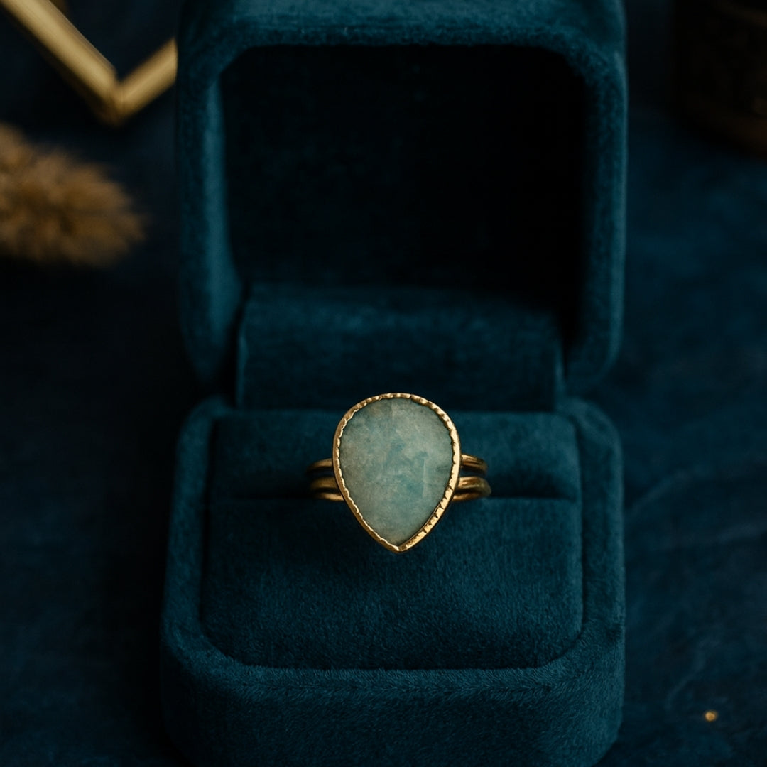 Amazonite Teardrop Adjustable Ring | Natural Green Gemstone 18K Gold Plated Ring | Healing Crystal Boho Jewelry Gift for Her