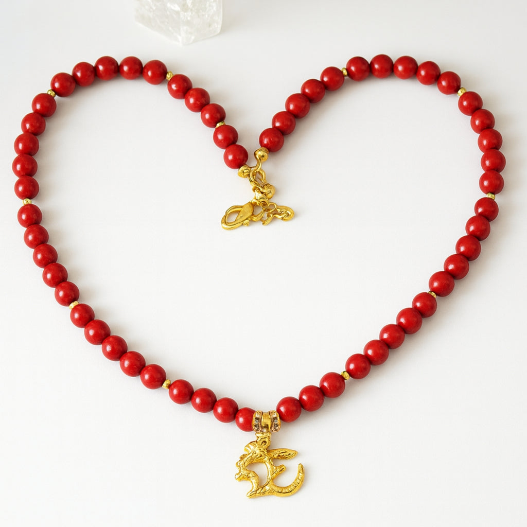 Red Coral Necklace 7 mm | Gold-Plated OM Pendant