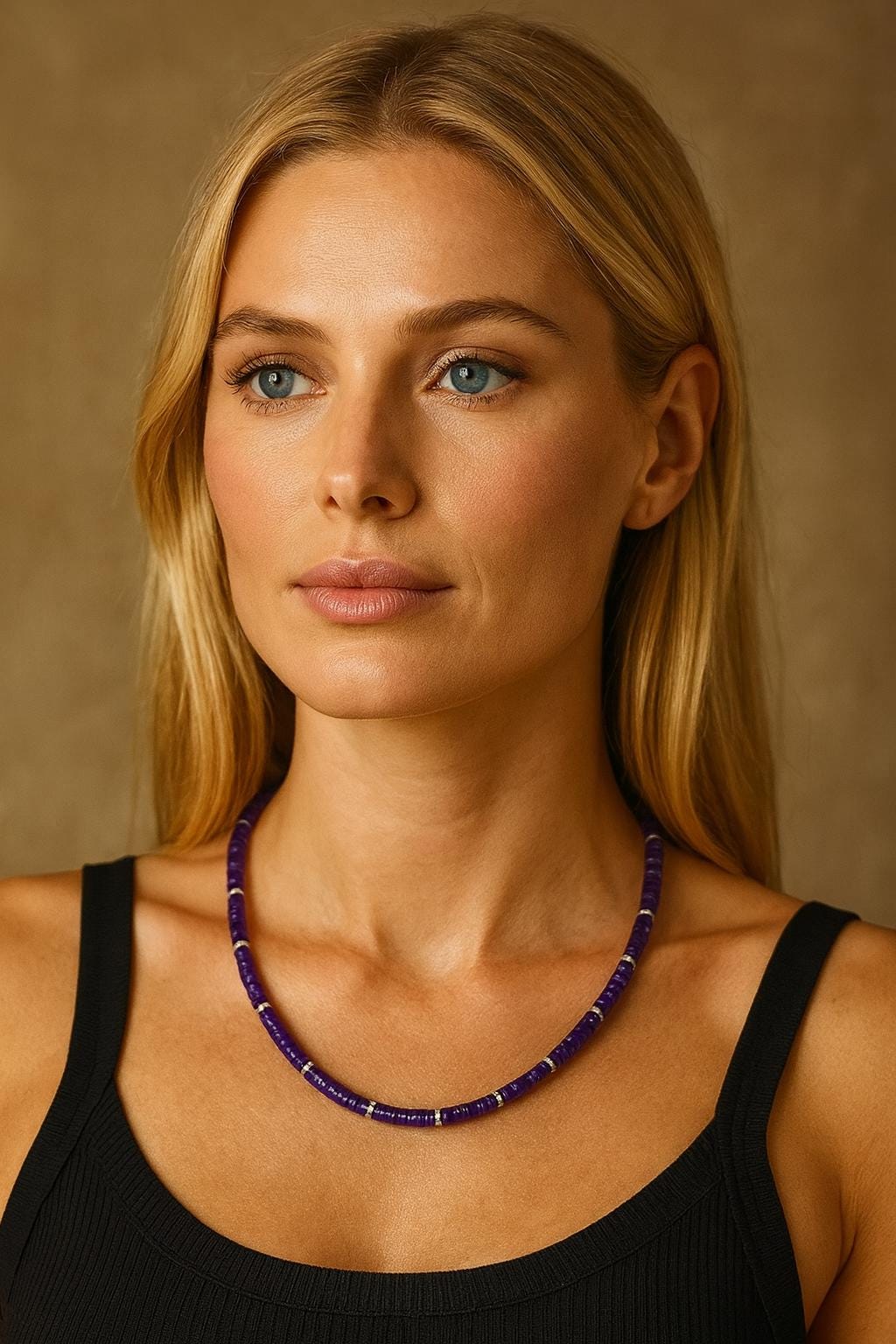 Amethyst bead necklace worn around the neck.