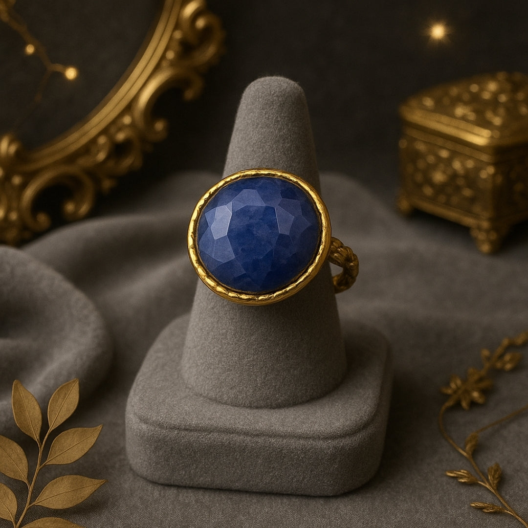Tiamat’s Orb – Minimal Sapphire Ring | 18K Gold Plated Adjustable Sapphire Jewelry | Healing Crystal Personalized Gift for Her
