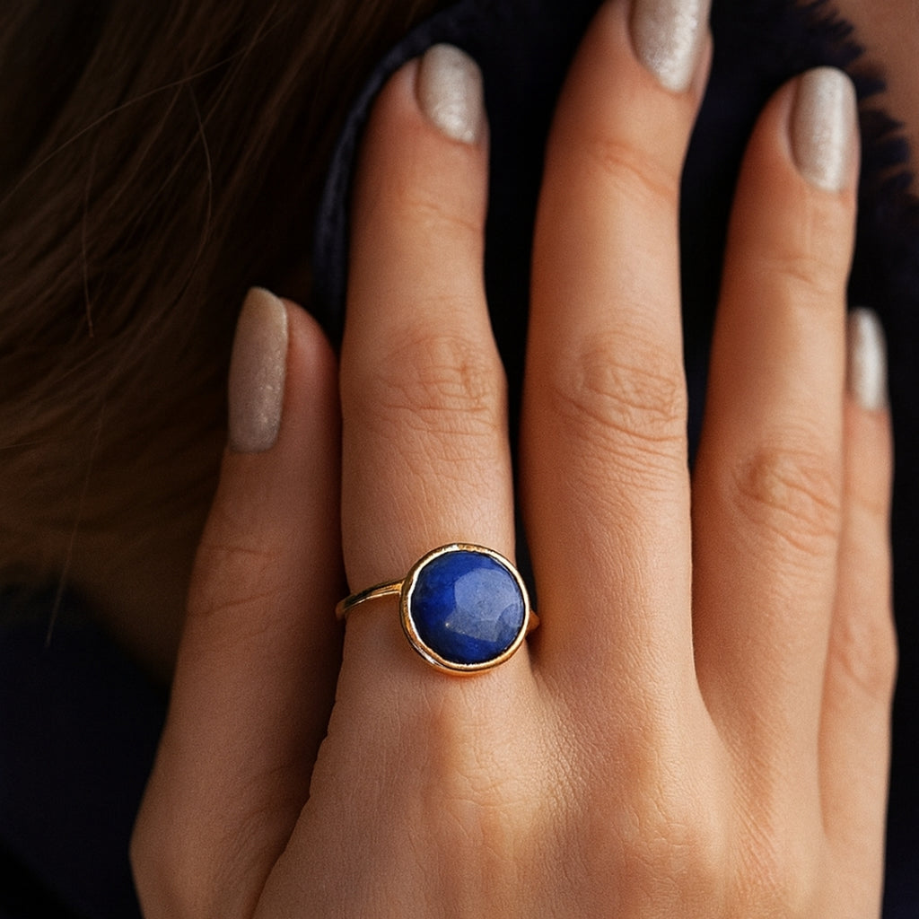 Tiamat’s Orb – Minimal Sapphire Ring | 18K Gold Plated Adjustable Sapphire Jewelry | Healing Crystal Personalized Gift for Her