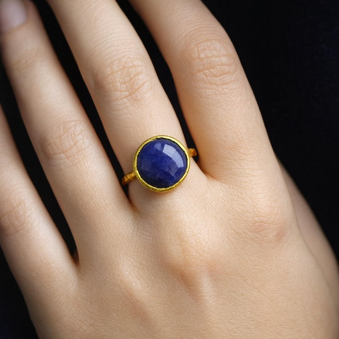 Tiamat’s Orb – Minimal Sapphire Ring | 18K Gold Plated Adjustable Sapphire Jewelry | Healing Crystal Personalized Gift for Her
